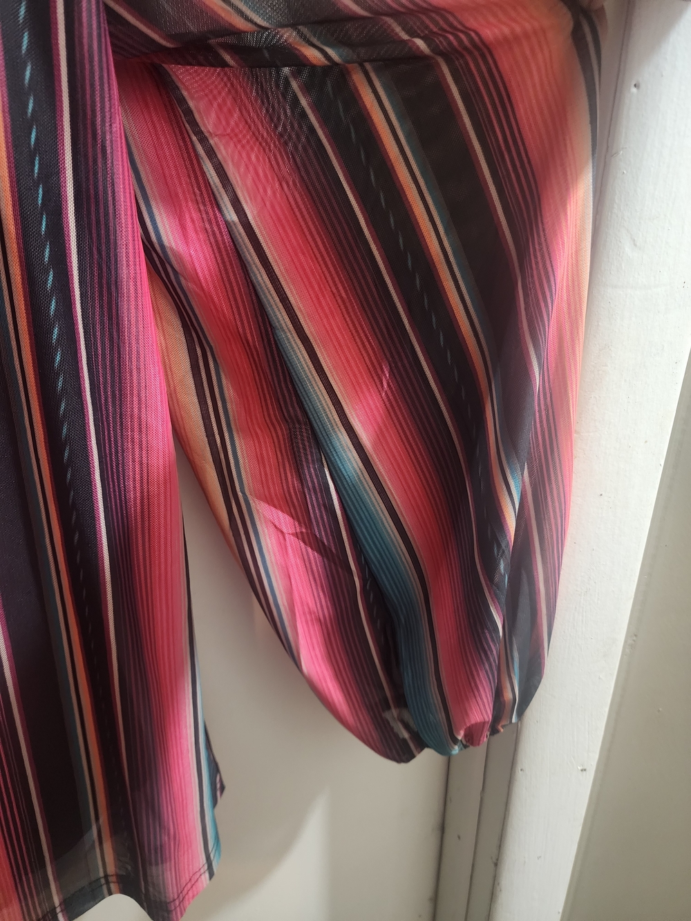 Crazy Train Striped V-Neck Top in Pink, Turquoise & Black - Picture 3 of 4